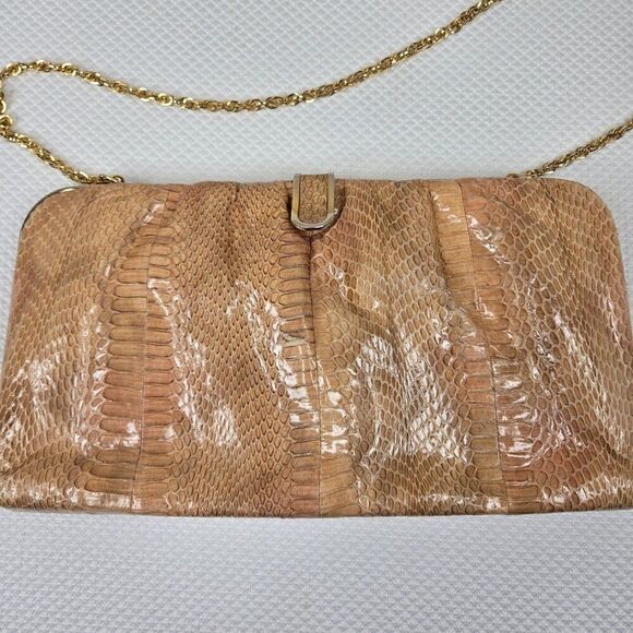 Vintage Snake Skin Leather Clutch Purse Gold Chain Strap - Picture 2 of 8